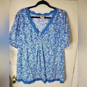 Faded Glory Woman Plus Size 1X Blue White Short Sleeve Top